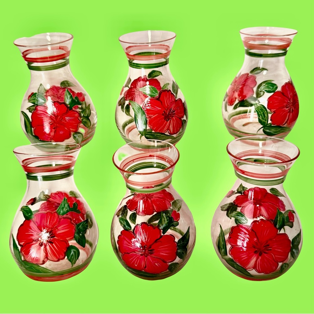 6 Hand Painted Glass Vases Floral Tropical Hibiscus NEW in Box